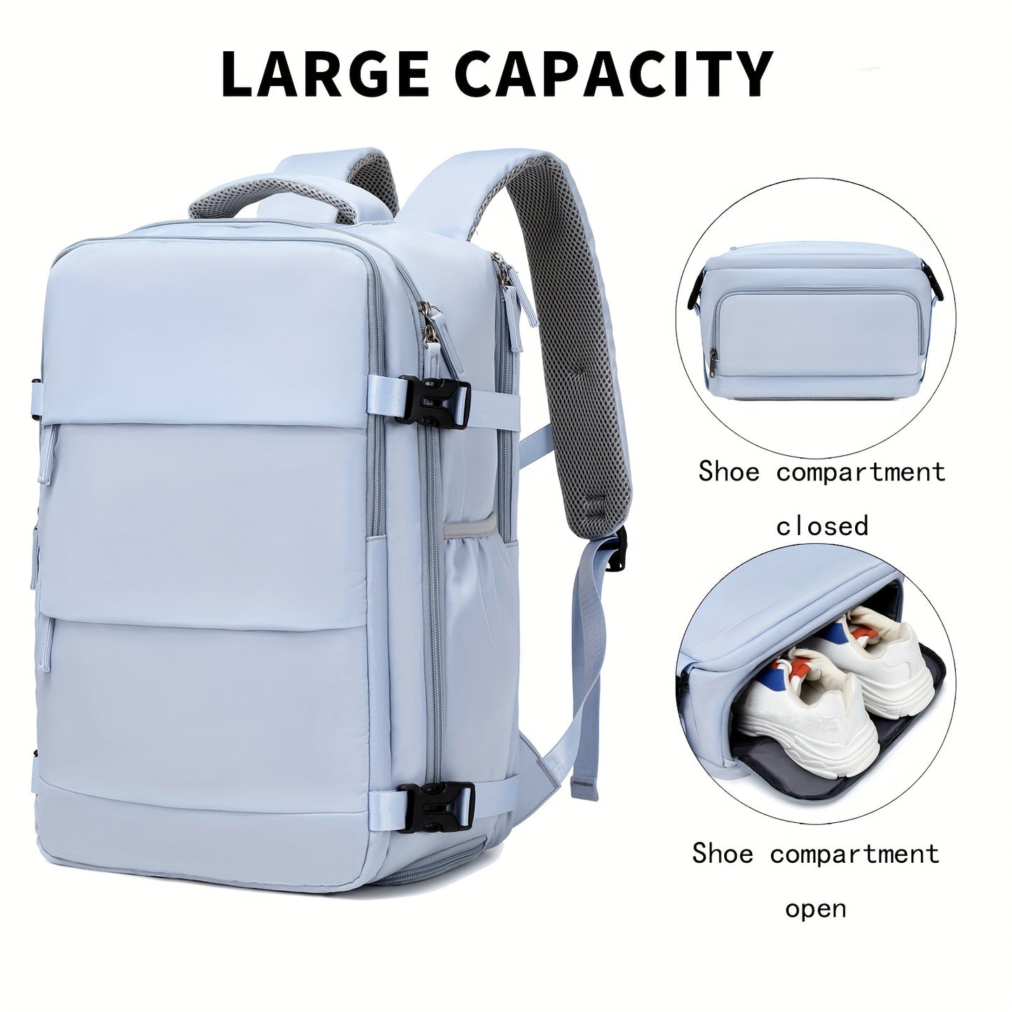 Mochila de Viagem de Grande Capacidade com Compartimento para Sapatos, Mochila Leve para Laptop em Dacron com Porta de Carregamento, Bolsa de Viagem e Comutação Estilosa